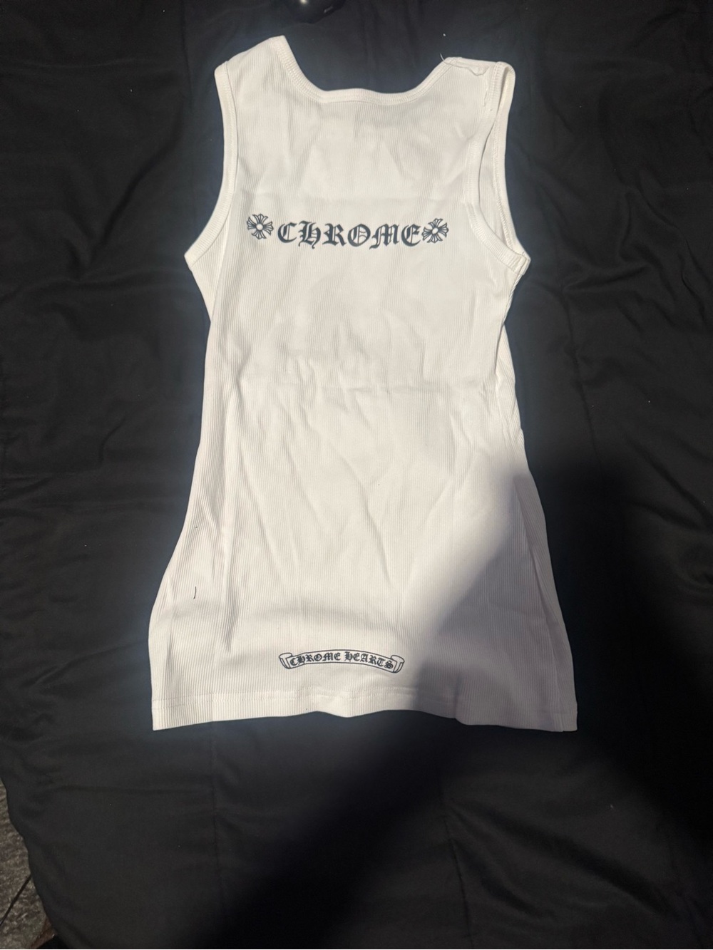 Chrome Hearts White Ribbed Tank with Black Gothic Logos